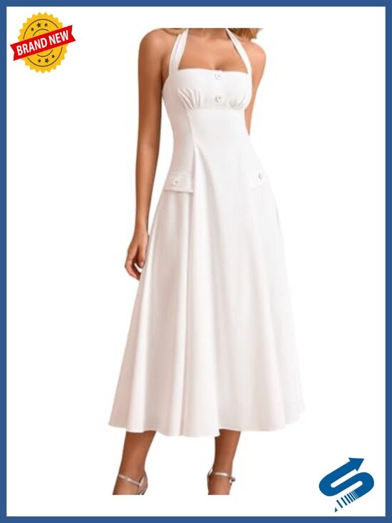 Dresses & Skirts - Flowy Floral Halter Corset Midi Dress Summer A-Line Wedding Guest
